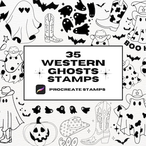 Puede incluir: Un conjunto de 35 sellos de fantasmas occidentales en blanco y negro para Procreate. Los sellos representan fantasmas con sombreros de vaquero, botas y otros accesorios de temática occidental. El texto "35 Western Ghosts Stamps" y "Procreate Stamps" está incluido en la imagen.