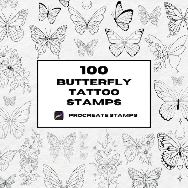 Sellos de tatuaje de procreación de mariposa, pinceles de procreación, sellos de tatuaje de línea fina, contorno de mariposa, procreación de arte lineal, paquete, modelos 3D
