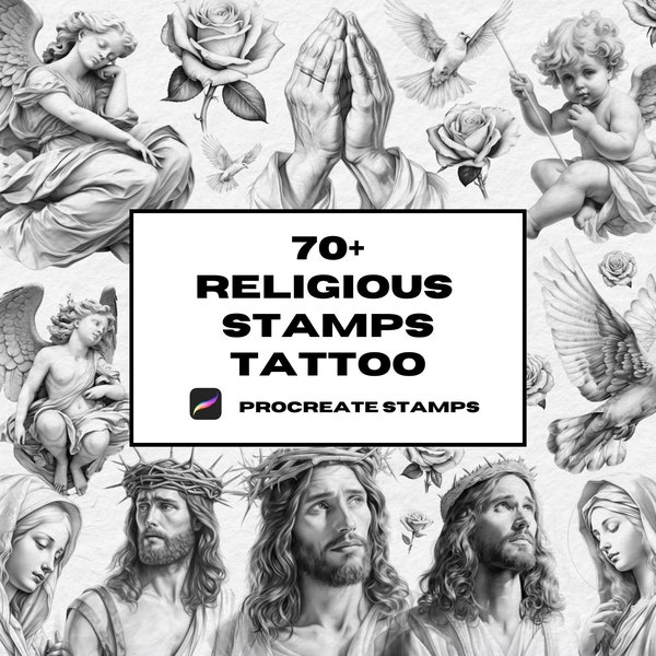 Religious Procreate Tattoo Stamps, Procreate Brushes, Tattoo Stamps, Religious Tattoo Design, Procreate Brush Set, Procreate, 3D Models