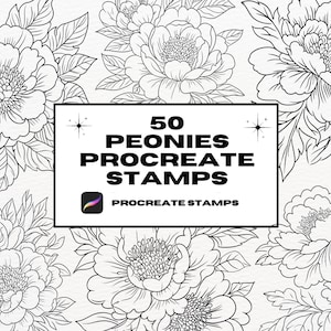 Puede incluir: Ilustración en blanco y negro de línea de arte de 50 sellos de flores de peonía para Procreate. El texto "50 PEONIES PROCREATE STAMPS" está en un rectángulo blanco con un contorno negro. El logotipo de Procreate está en la esquina inferior izquierda del rectángulo.