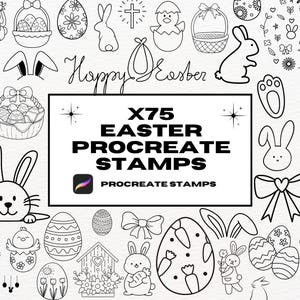 Könnte beinhalten: Ein Set mit 75 schwarz-weißen Ostern-Procreate-Stempeln. Die Stempel beinhalten Hasen, Eier, Blumen, Kreuze, Körbe und andere Ostersymbole. Der Text "Happy Easter" und "X75 Easter Procreate Stamps" ist ebenfalls enthalten.