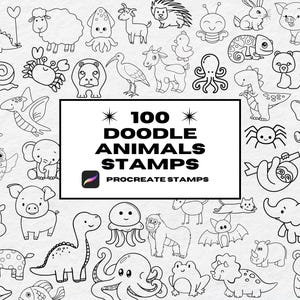 Puede incluir: Un conjunto de 100 sellos de animales doodle en blanco y negro para Procreate. Los sellos presentan una variedad de animales, incluyendo un dinosaurio, un perezoso, una araña, una medusa, una rana, un murciélago, un rinoceronte, un oso, un cerdo, una jirafa, una tortuga, un conejo, un erizo, una mariposa, un pez, un cangrejo, un caracol, un pulpo, un pájaro, un hipopótamo, un elefante, una cabra, una oveja, un gato, un perro y un dragón.