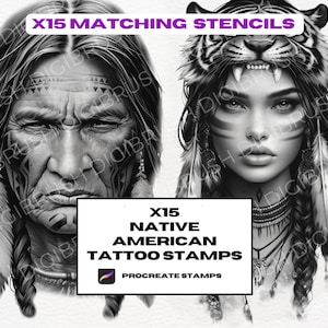 Timbri per tatuaggi Procreate nativi americani, pennelli Procreate, stencil per tatuaggi, indiani, disegno per tatuaggi, tigre, orso, flash per tatuaggi, timbro per tatuaggi