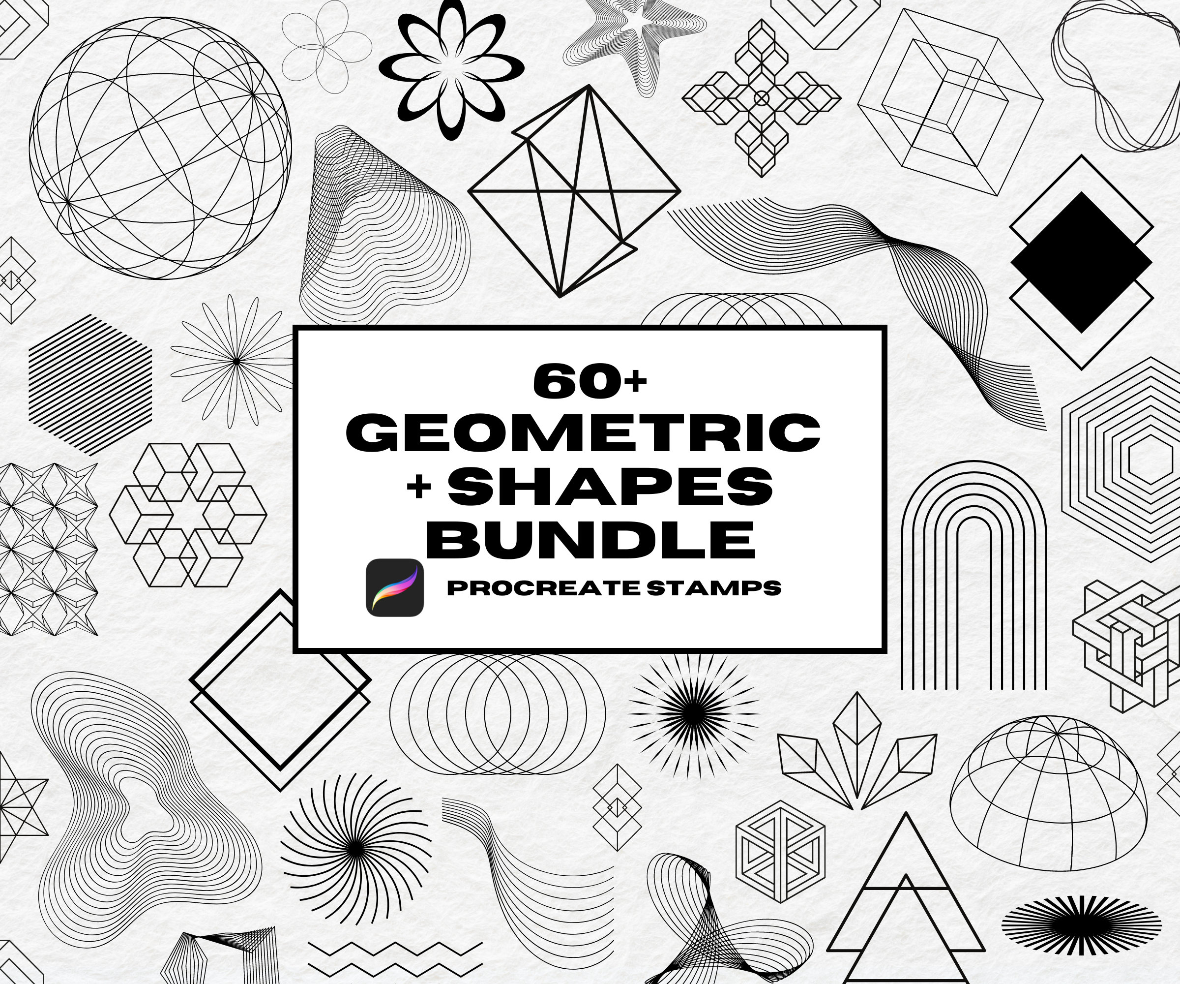 60 Sellos Geométricos para Procreate – Formas Line Art y Pinceles de Patrones Tattoo
