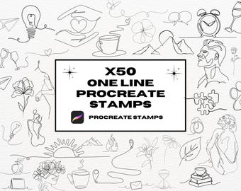 May include: A set of 50 one-line Procreate stamps featuring various illustrations, including a flower, a lightbulb, a cup of coffee, a mountain, a person, a clock, a heart, and a star. The text "X50 ONE LINE PROCREATE STAMPS" is displayed in the centre of the image.