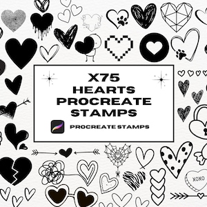 Puede incluir: Un conjunto de 75 sellos Procreate en forma de corazón en blanco y negro. Los sellos presentan una variedad de diseños, que incluyen corazones simples, corazones con patrones, corazones con texto y corazones con flechas. Los sellos son perfectos para agregar un toque de amor a tu arte digital.