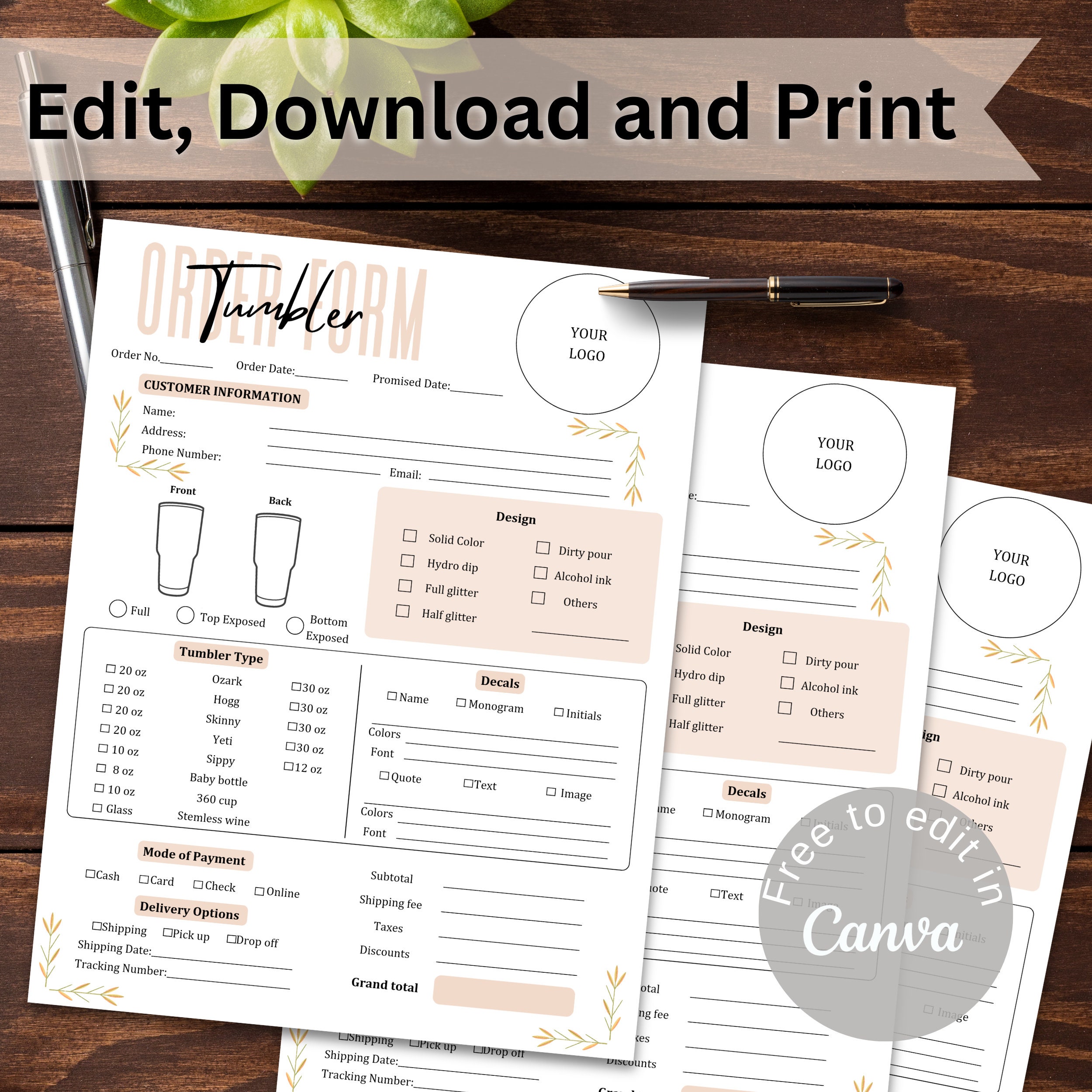 Tumbler Order Form Template Printable Canva Template Editable - Etsy