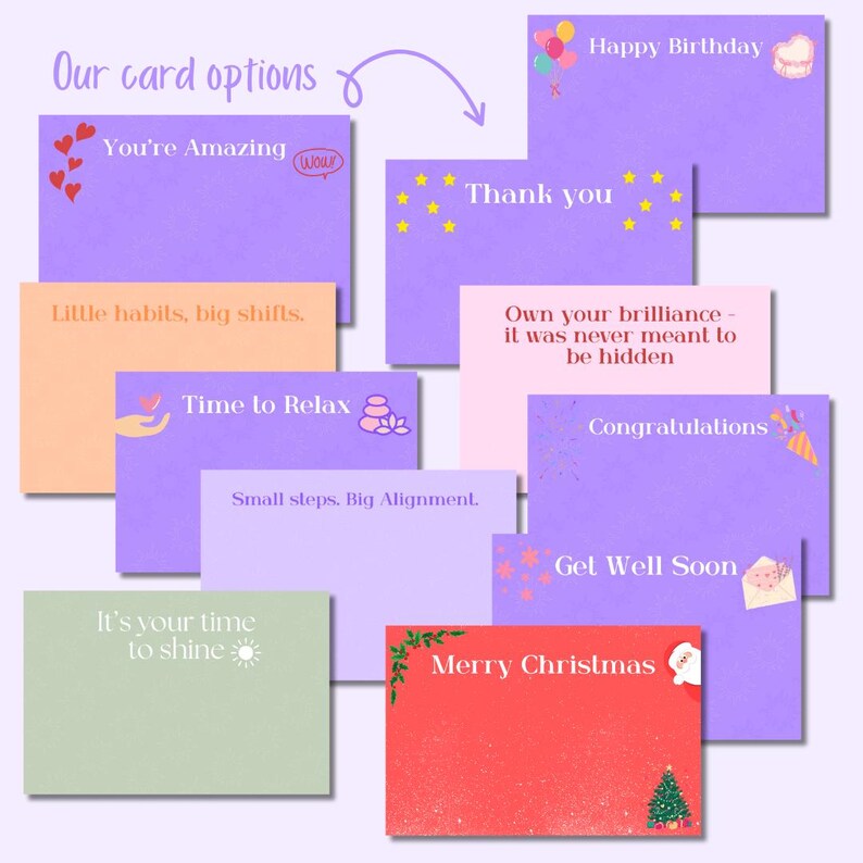 May include: A collection of greeting cards in various colors, including purple, peach, and green. Each card features unique text such as "Happy Birthday," "Thank you," and "Merry Christmas." Some cards have decorative elements like stars and hearts.