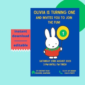 Miffy First Birthday Party Invitation Template - Instant Download - Fully Editable on Canva