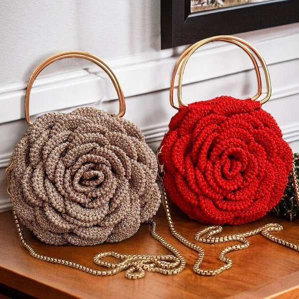 Rose Flower Bag,Crochet Rose Purse,Handmade Trendy Tote Bag,Stylish Evening Wedding Bag