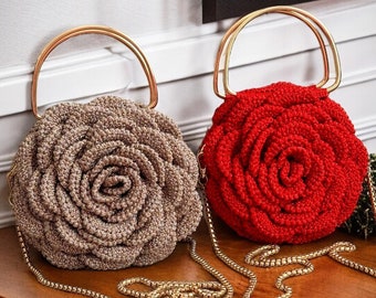 Rose Flower Bag,Crochet Rose Purse,Handmade Trendy Tote Bag,Stylish Evening Wedding Bag