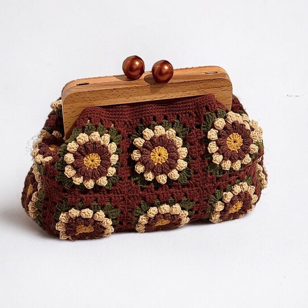 Granny Square Pouch Clutch Bag,Vintage Crochet Purse With Kiss Lock,Crochet Evening bag