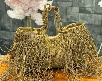 Crochet Straw Raffia Boho Bag,Fringed Beach Tote Bag