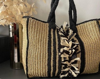 Crochet Raffia Straw Fringed Large Size Tote Bag,Boho Summer Wicker Beach Bag,Handmade Large Straw Bag