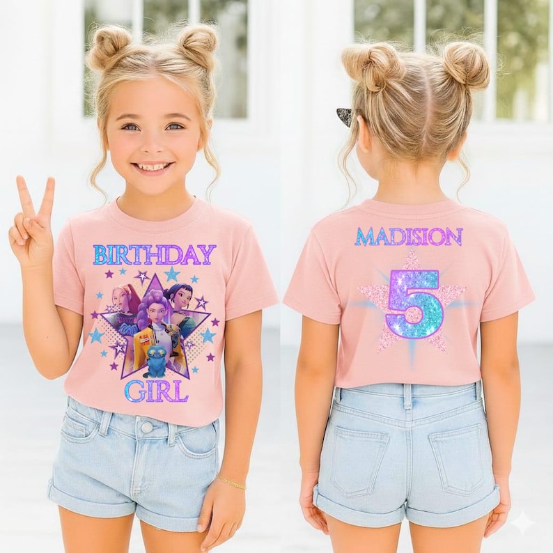 Huntrix Kpop Birthday Girl Shirt, Demon Hunter Custom Name Glitter Party Tee for Girls image 3