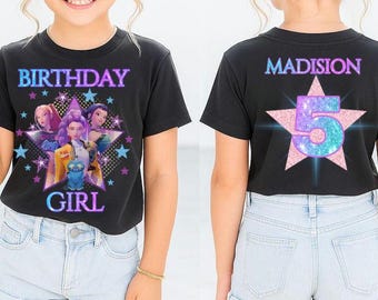 Camiseta de cumpleaños de Huntrix Kpop para niña, camiseta de fiesta con purpurina y nombre personalizado de Demon Hunter para niñas
