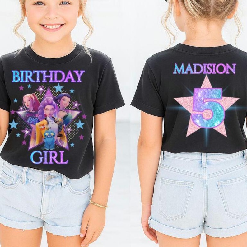 Huntrix Kpop Birthday Girl Shirt, Demon Hunter Custom Name Glitter Party Tee for Girls image 1
