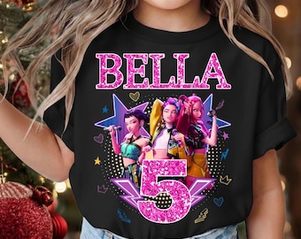 Custom Birthday Girl Tee Kids Birthday Outfit Anime Style Party Shirt K-pop Demon Hunter