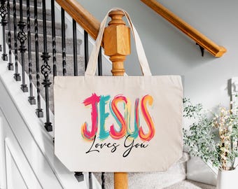 Jesus Loves You Canvas Tote Bag, Christian Faith Gift