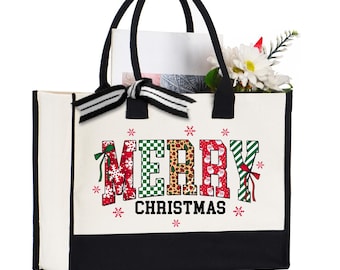 Christmas Tote Bag, Reusable Holiday Gift Bag, Merry Xmas Shopping Bag
