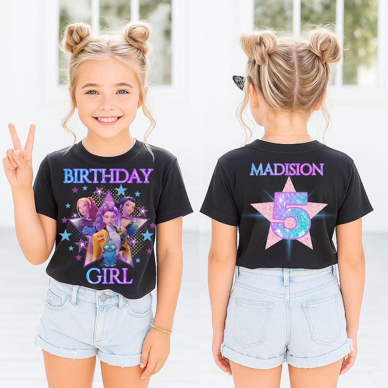 Huntrix Kpop Birthday Girl Shirt, Demon Hunter Custom Name Glitter Party Tee for Girls image 5