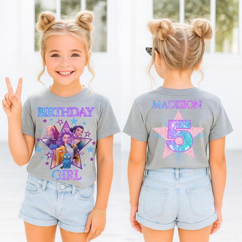 Huntrix Kpop Birthday Girl Shirt, Demon Hunter Custom Name Glitter Party Tee for Girls image 4