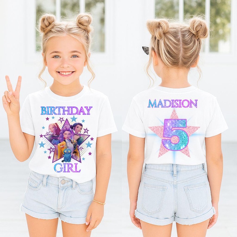 Huntrix Kpop Birthday Girl Shirt, Demon Hunter Custom Name Glitter Party Tee for Girls image 2
