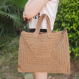 Stroh Beige Laptop-Tasche, gehäkelte Papiergarn Tragetasche, handgemachte Boho Schulter Handtasche, Tasche für Frau, Shopping Handtasche, Sommertasche