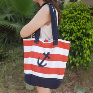 Red and White Striped Beach Bag, Green Striped Linen Fabric Tote Bag, Handmade Shoulder Purse, Bag For Woman, Shopping Handbag, Summer Bag