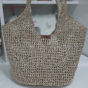 Borsa a rete multicolore, glitter oro, borsa tote in filato di carta metallizzata all'uncinetto, borsa a tracolla boho fatta a mano, borsa da donna, borsa da spiaggia, borsa regalo