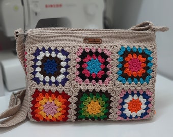 Bohemian Granny Square Shoulder Bag, Crochet Hobo Bag, Handmade Boho Shoulder Purse, Gift For Her, Bag for Woman, Retro Hippie Tote Bag