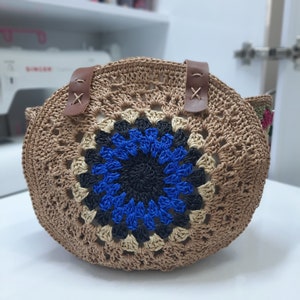 Borsa Mandala Macaron Occhio Blu, Borsa Tote in Filato di Carta Grannysquare, Borsa a Tracolla Boho Fatta a Mano, Borsa per Donna, Borsa per la Spesa, Borsa Estiva