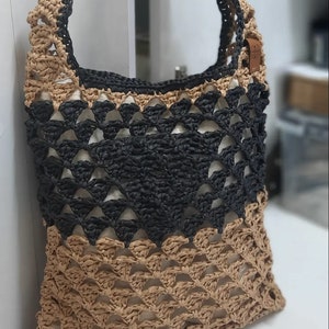 Beige and Black Shoulder Bag, Crochet Raffia Tote Bag, Handmade Bohemian Shoulder Purse, Bag For Woman, Shopping Handbag, Summer Bag