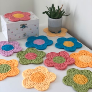 Crocheted Flower Coaster, Handmade Coaster, Daisy Mug Coaster, Bright Gift, Home Decor, Coffee Table Coaster, 100% Cotton Coasters