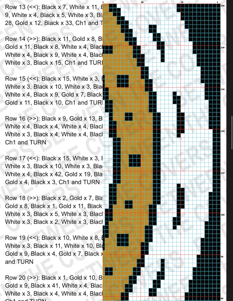 K&ouml;nnte beinhalten: Ein Pixel-Art-Muster f&uuml;r Kreuzstich mit einem goldgelben und schwarzen Design. Das Muster enth&auml;lt Anweisungen f&uuml;r jede Reihe, einschlie&szlig;lich der Anzahl der schwarzen und wei&szlig;en Stiche sowie der goldenen Perlen und Kettenstiche.