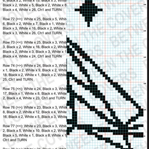 May include: Black and white pixel art design with instructions for creating the design. The design is a diamond shape with a star in the center.