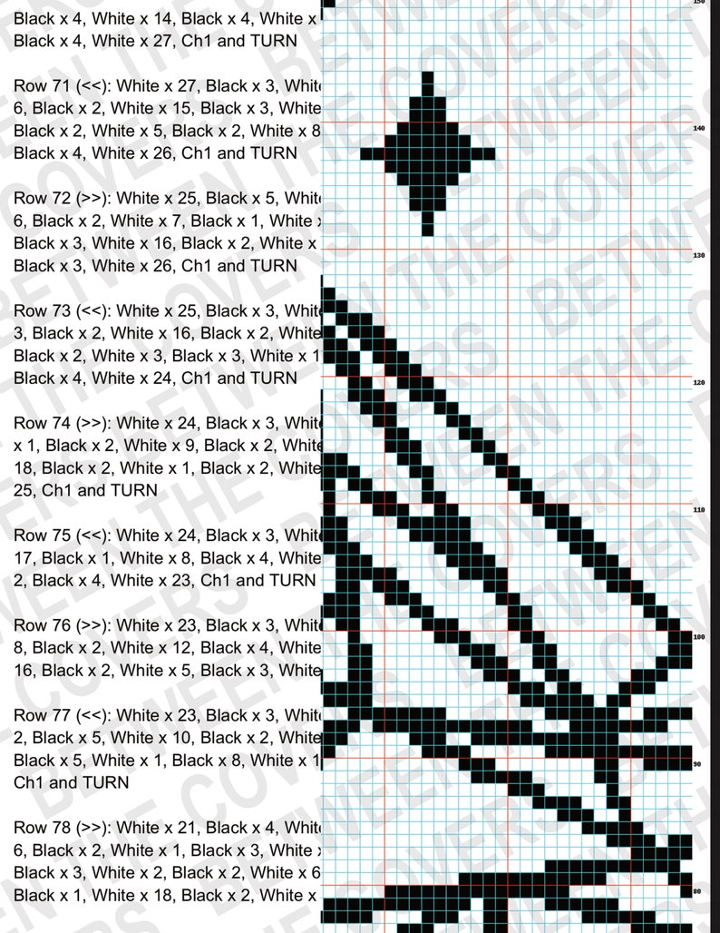 May include: Black and white pixel art design with instructions for creating the design. The design is a diamond shape with a star in the center.