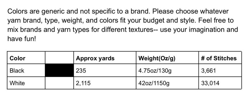 May include: A table showing yarn color, approximate yards, weight in ounces and grams, and number of stitches. Black yarn has 235 yards, weighs 4.75 ounces or 130 grams, and has 3,661 stitches. White yarn has 2,115 yards, weighs 42 ounces or 1,150 grams, and has 33,014 stitches.