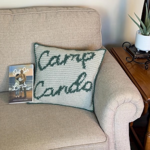 May include: A light beige couch with a green and white crocheted pillow that says "Camp Cando" on it. A book titled "Out On A Limb" is sitting on the couch.