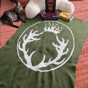 Puede incluir: Una manta de crochet verde con un diseño de asta de ciervo blanco en el centro. La manta está en una cama con un gato y una pila de libros.