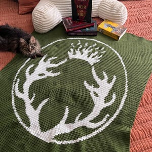 Op de afbeelding: Een groene gehaakte deken met een wit hertengewei-ontwerp in het midden. Een kleine zwart-bruine kat zit op de deken. Een stapel boeken met de titel "Heir of Fire" van Sarah J. Maas ligt op de deken.