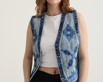 Gilet in denim da donna ricamato