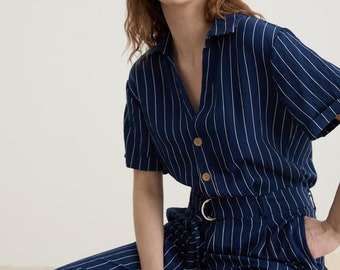 Button Detailed Long Navy Blue Jumpsuit with Buckle