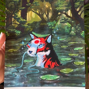 May include: A vibrant illustration of a cat-like creature in a pond with lily pads. The creature has red, black, and white markings, blue eyes, and a long, flowing blue tongue. The background features a lush forest scene.