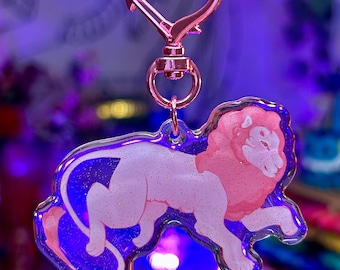 Portachiavi a forma di leone, per San Valentino, realizzato in acrilico glitterato