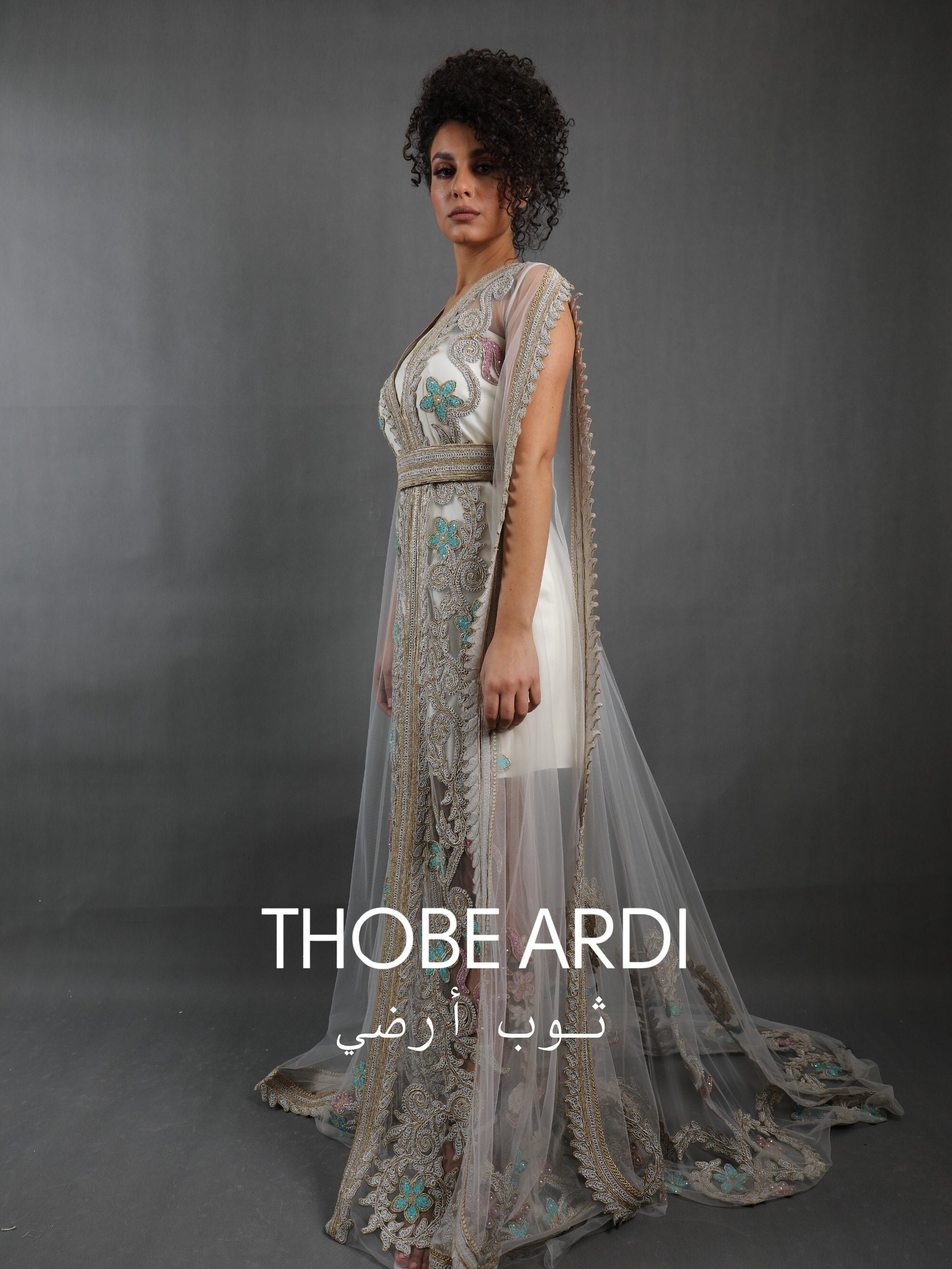 White Floral Embroidered Tulle Layered Kaftan | Women Bridal Caftan ...