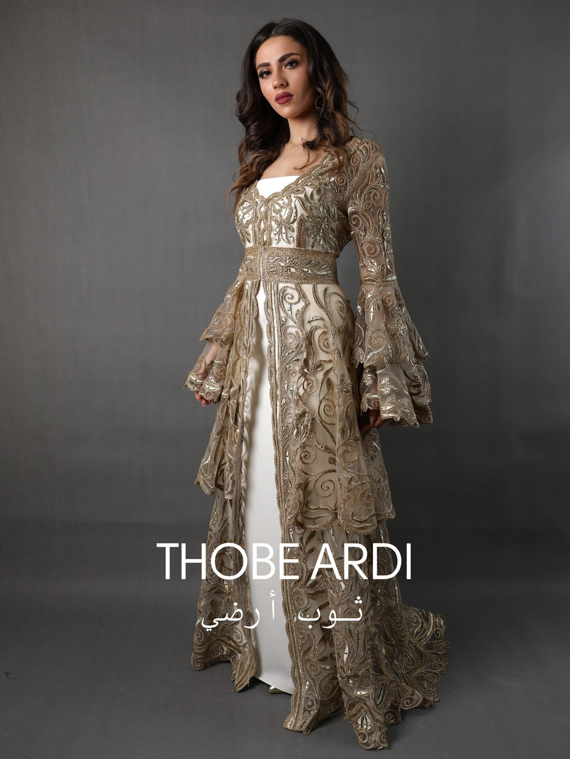 White Gold Embroidered Tulle Layered Kaftan | Women Bridal Caftan ...