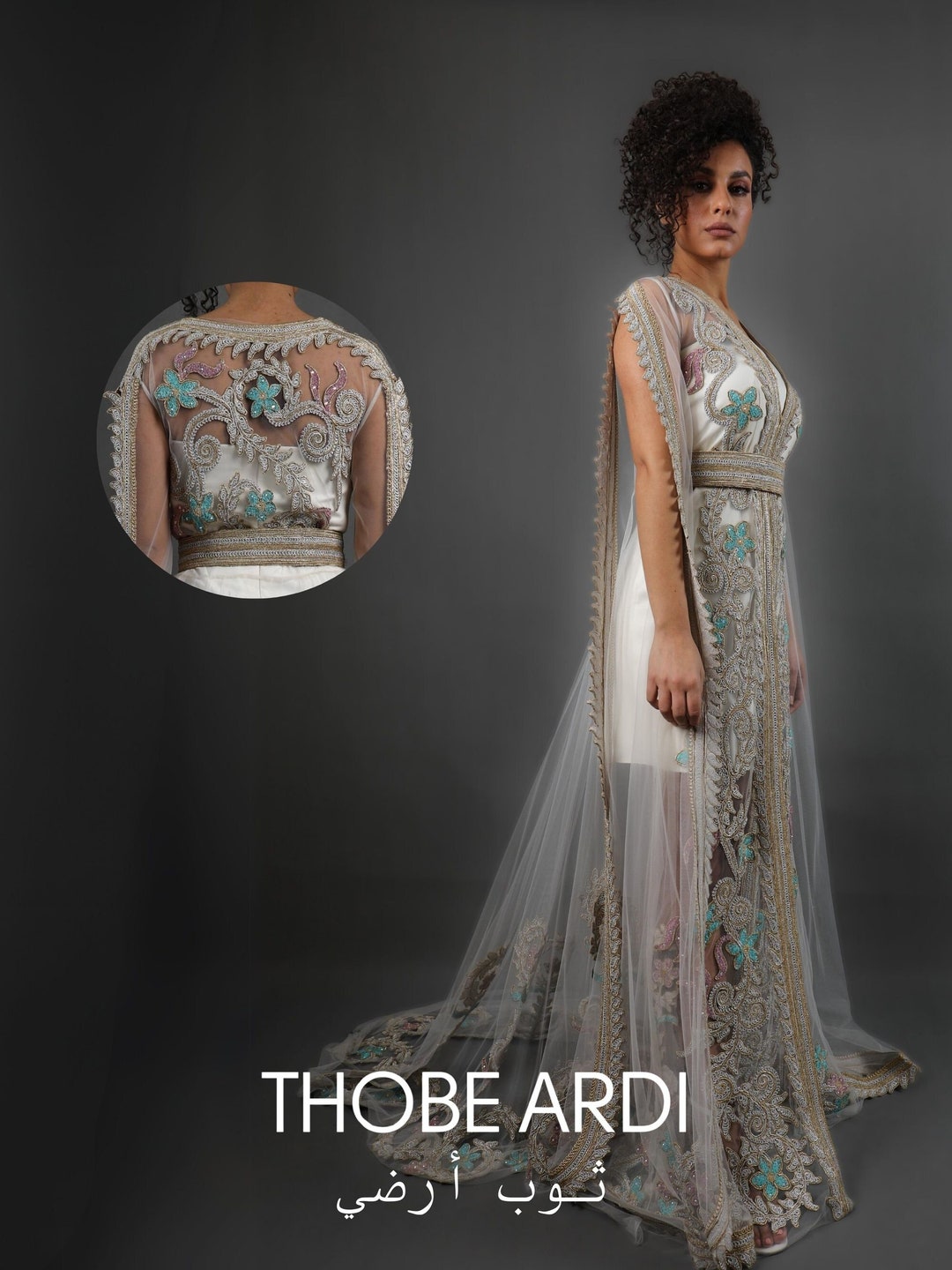 White Floral Embroidered Tulle Layered Kaftan | Women Bridal Caftan ...