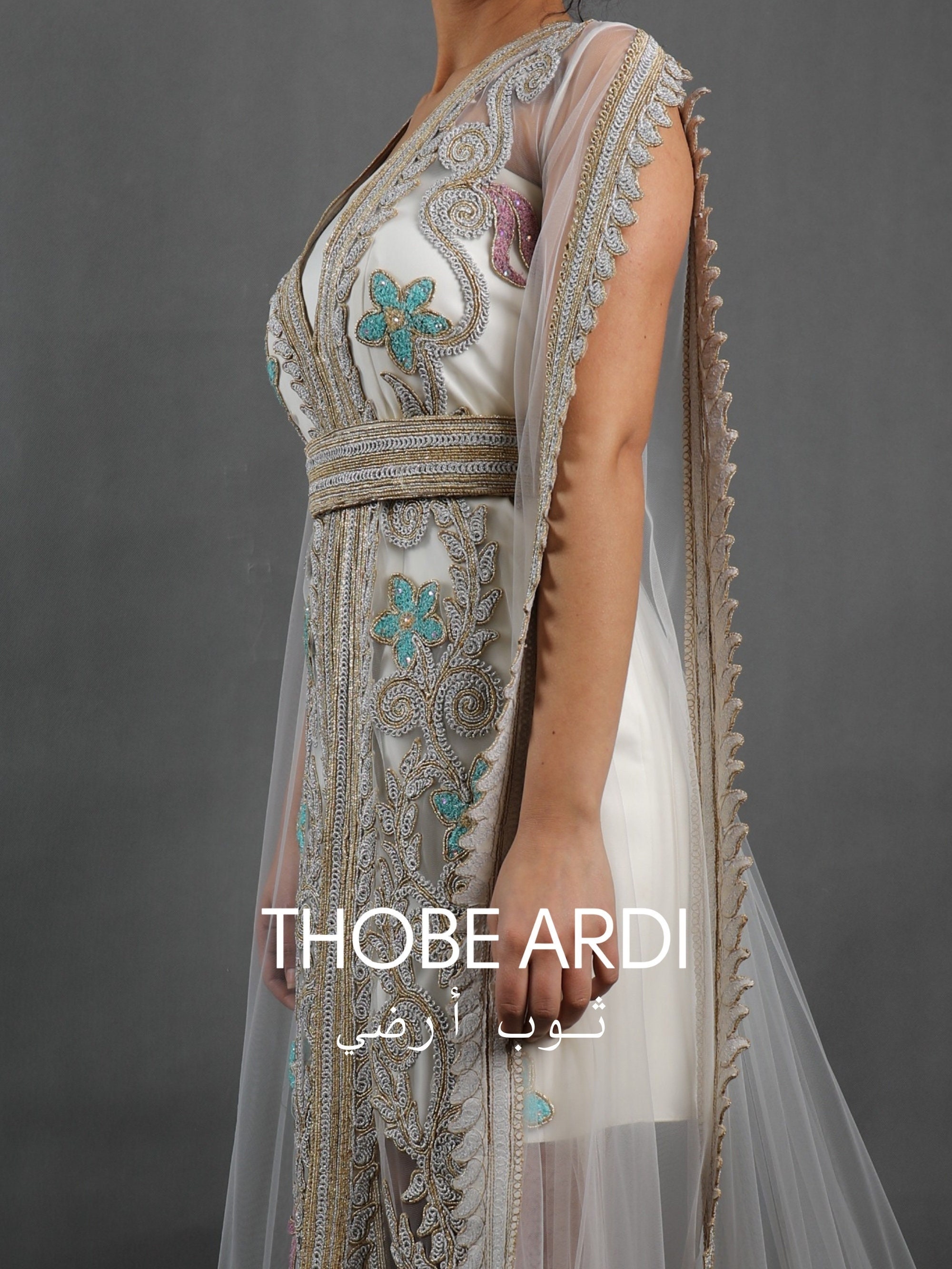White Floral Embroidered Tulle Layered Kaftan | Women Bridal Caftan ...
