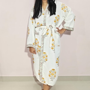 Bata de algodón con estampado floral en bloques: bata de spa ligera